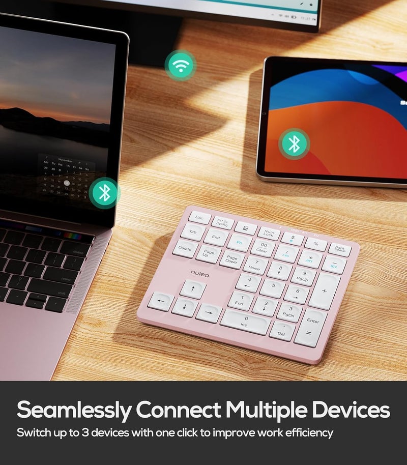 Nulea Wireless Number Pad Bluetooth 5.0 & 2.4G Portable Numeric Keyboard, USB-C Rechargeable, 34-Keys Bluetooth Keyboard for Data Entry (Pink) - Image 2